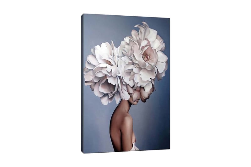 Lærredsbillede - Portræt af en kvinde med en stor blomsterkrans som hovedpynt, Hvid / Lys pink / Beige