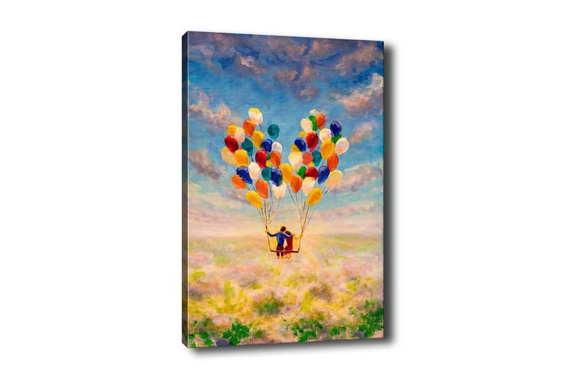Lærredsbillede - Par med balloner svævende over en blomstrende eng, Gul / Grøn / Blå