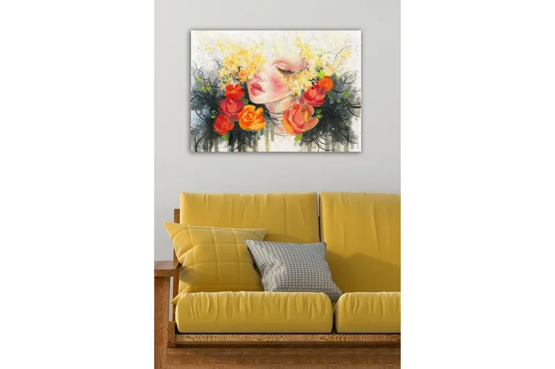 Lærredsbillede - Portræt af en kvinde med blomster i håret - Orange / Gul / Sort - Boligtilbehør - Billeder & kunst - Billeder på lærred