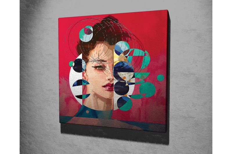 Lærredsbillede - Portræt af en kvinde med abstrakte geometriske former og farverige cirkler - Rød / Grøn / Sort - Boligtilbehør - Billeder & kunst - Billeder på lærred