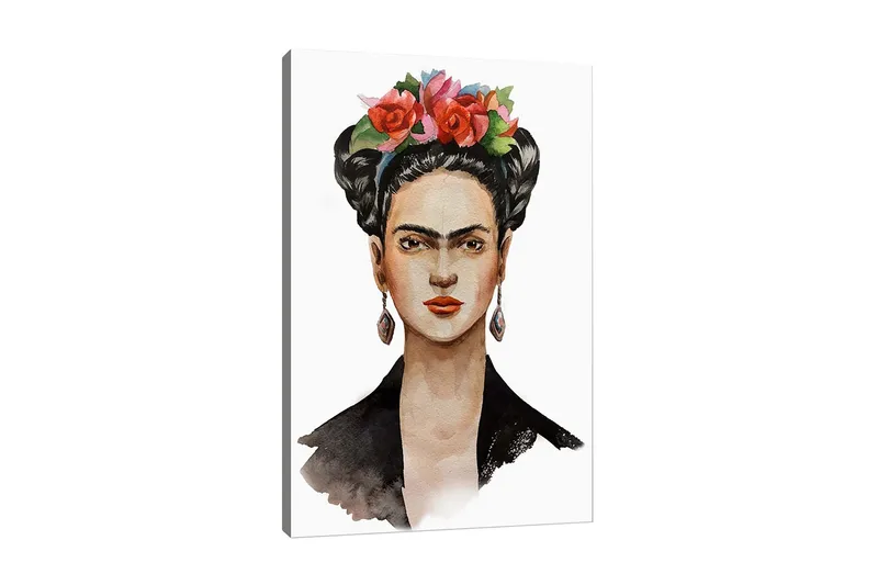 Lærredsbillede - Portræt af en kvinde med blomster i håret, Rød / Grøn / Sort