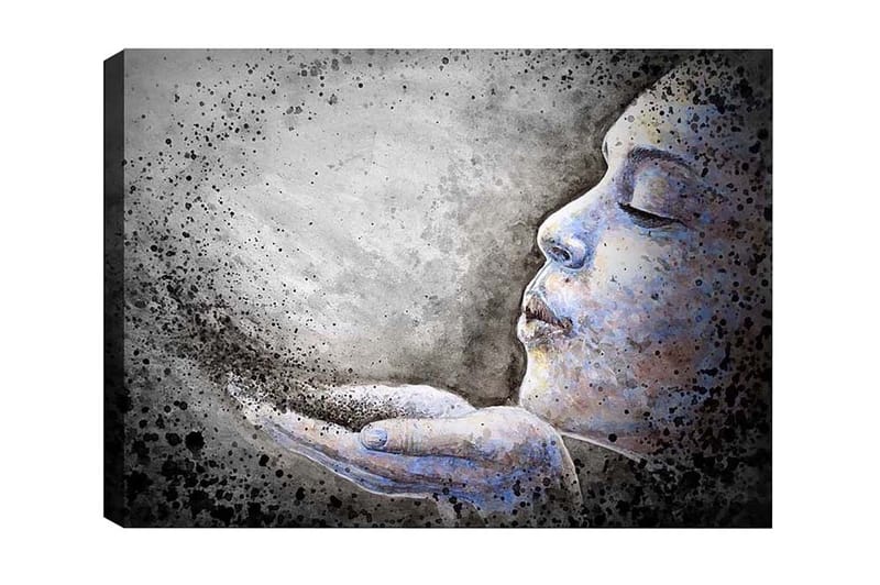 Lærredsbillede - Portræt af en kvinde, der blæser partikler ud af sine hænder, Grå / Blå / Sort