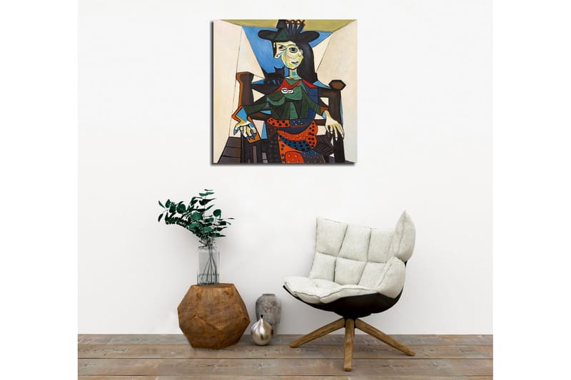 Lærredsbillede - Portræt af kvinde med geometriske former og stærke farver - Grøn / Blå / Orange - Boligtilbehør - Billeder & kunst - Billeder på lærred