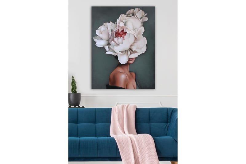 Lærredsbillede - Portræt af en kvinde med en stor krans af hvide pæoner, der dækker hendes hoved - Hvid / Mørkegrøn / Lyserød - Boligtilbehør - Billeder & kunst - Billeder på lærred