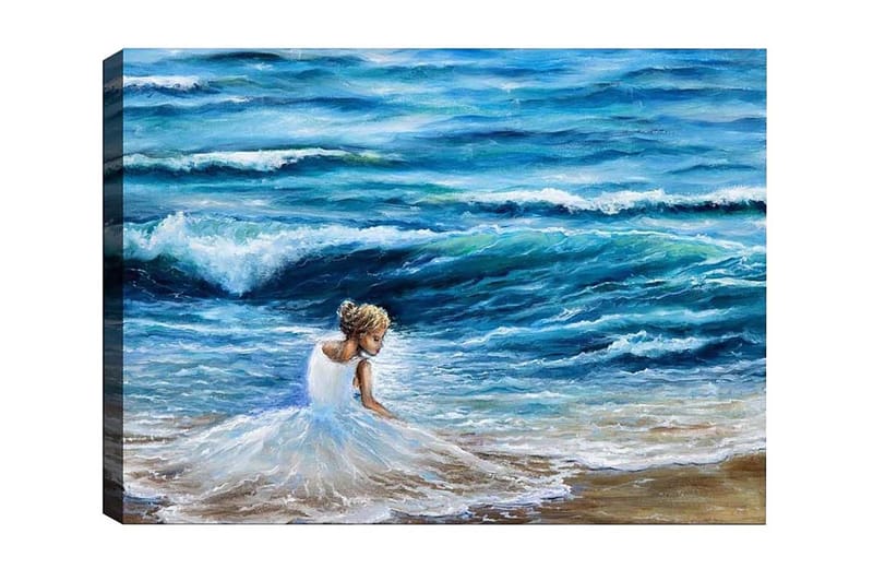 Lærredsbillede - Pige i hvid kjole leger ved havet, Blå / Hvid / Beige