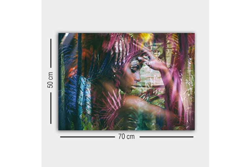 Lærredsbillede - Portræt af en kvinde omgivet af farverige planter - Grøn / Lyserød / Blå - Boligtilbehør - Billeder & kunst - Billeder på lærred