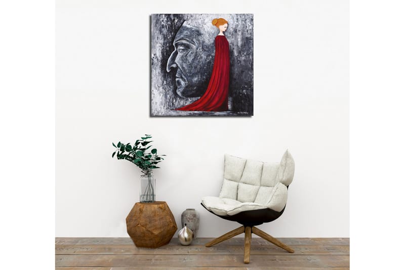 Lærredsbillede - Portræt af en kvinde i en rød kjole med en stor ansigtsprofil i gråt i baggrunden - Rød / Grå / Sort - Boligtilbehør - Billeder & kunst - Billeder på lærred