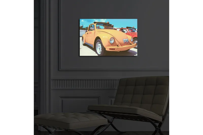 Lærredsmaleri med LED-belysning 45x70 cm - Klassisk Volkswagen-bil i en livlig orange nuance - Orange / Blå / Hvid - Boligtilbehør - Billeder & kunst - Billeder på lærred