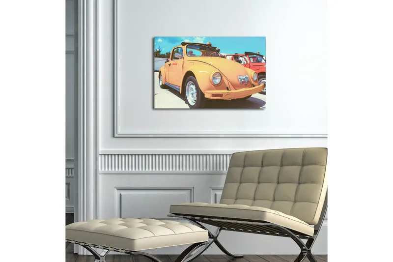 Lærredsmaleri med LED-belysning 45x70 cm - Klassisk Volkswagen-bil i en livlig orange nuance - Orange / Blå / Hvid - Boligtilbehør - Billeder & kunst - Billeder på lærred