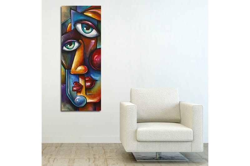 Lærredstryk 30x80 cm - Abstrakt portræt med to ansigter flettet sammen - Mørkeblå / Rød / Beige - Boligtilbehør - Billeder & kunst - Billeder på lærred