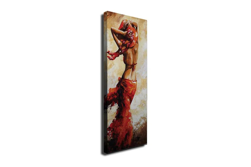 Lærredstryk 30x80 cm - Dansende kvinde med rød kjole, Rød / Beige / Brun