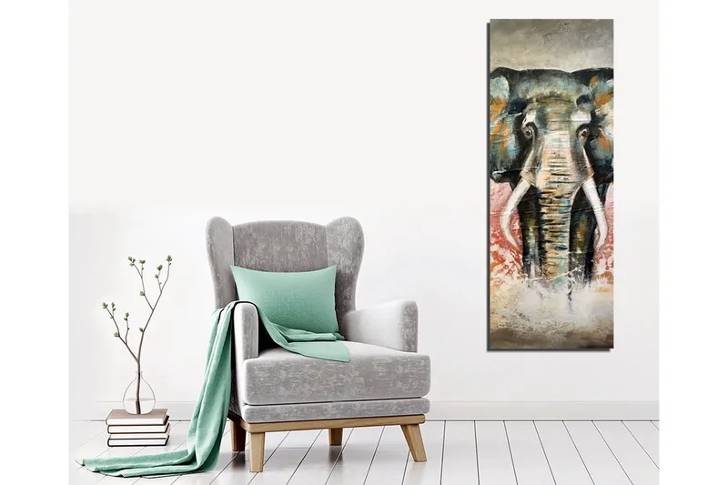 Lærredstryk 30x80 cm - Elefant med farverige detaljer i baggrunden - Grøn / Orange / Rød - Boligtilbehør - Billeder & kunst - Billeder på lærred