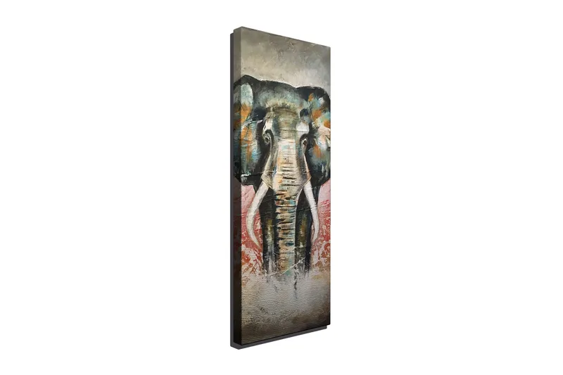 Lærredstryk 30x80 cm - Elefant med farverige detaljer i baggrunden, Grøn / Orange / Rød