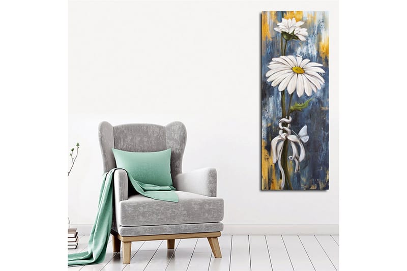 Lærredstryk 30x80 cm - Hvide margueritter med en blå og gylden baggrund - Hvid / Blå / Guld - Boligtilbehør - Billeder & kunst - Billeder på lærred