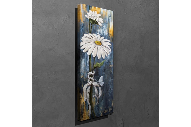 Lærredstryk 30x80 cm - Hvide margueritter med en blå og gylden baggrund - Hvid / Blå / Guld - Boligtilbehør - Billeder & kunst - Billeder på lærred