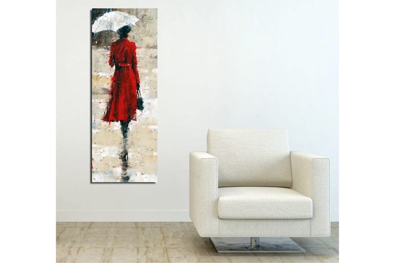 Lærredstryk 30x80 cm - Kvinde i rød kjole med paraply - Rød / Grå / Sort - Boligtilbehør - Billeder & kunst - Billeder på lærred