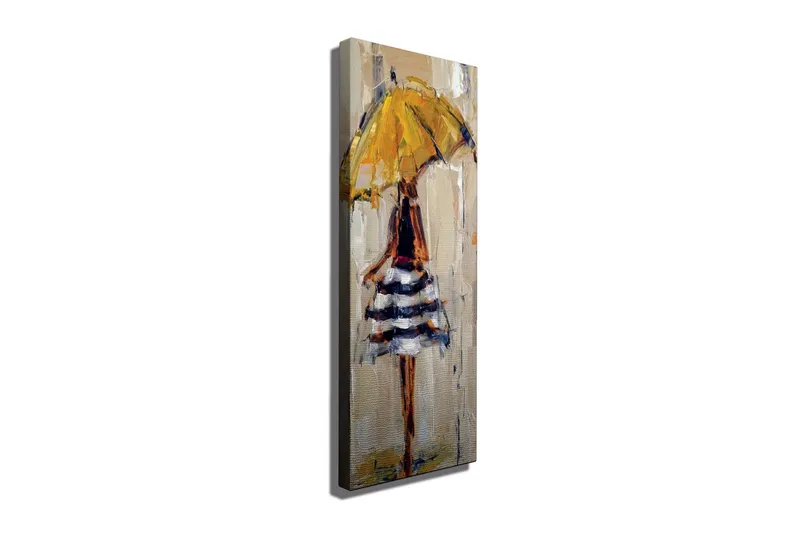 Lærredstryk 30x80 cm - Kvinde med gul paraply og stribet kjole, Gul / Sort / Hvid