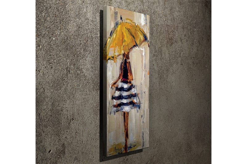 Lærredstryk 30x80 cm - Kvinde med gul paraply og stribet kjole - Gul / Sort / Hvid - Boligtilbehør - Billeder & kunst - Billeder på lærred