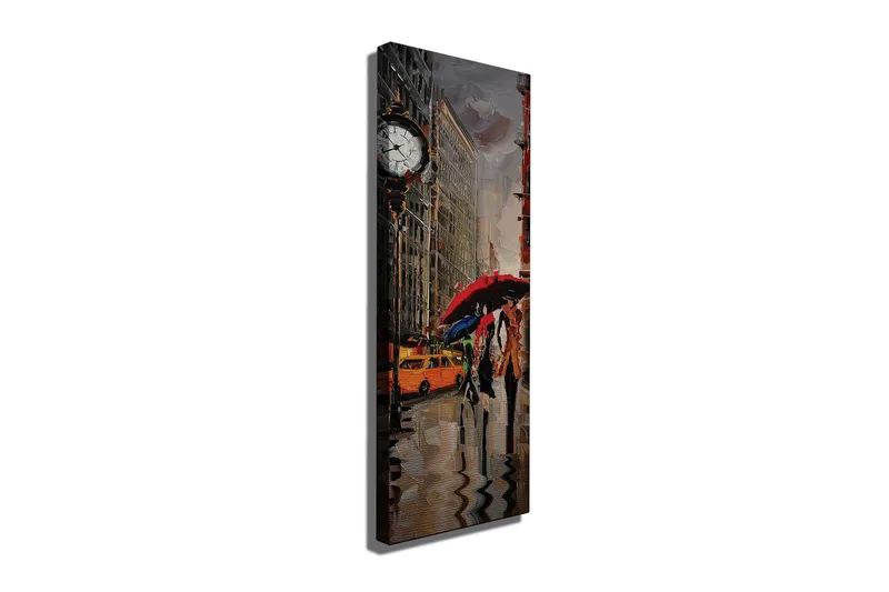Lærredstryk 30x80 cm - Livlig byscene med mennesker, der går under paraplyer i regnvejr, Rød / Gul / Grå