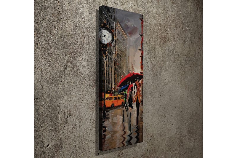Lærredstryk 30x80 cm - Livlig byscene med mennesker, der går under paraplyer i regnvejr - Rød / Gul / Grå - Boligtilbehør - Billeder & kunst - Billeder på lærred