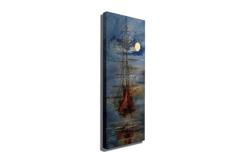 Lærredstryk 30x80 cm - Sejlbåd på en spejlblank sø under fuldmåne, Mørkeblå / Orange / Hvid