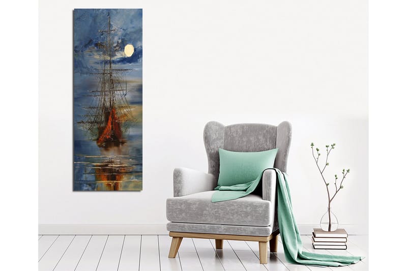 Lærredstryk 30x80 cm - Sejlbåd på en spejlblank sø under fuldmåne - Mørkeblå / Orange / Hvid - Boligtilbehør - Billeder & kunst - Billeder på lærred