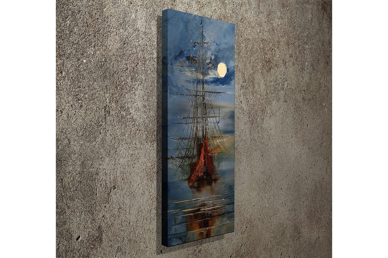 Lærredstryk 30x80 cm - Sejlbåd på en spejlblank sø under fuldmåne - Mørkeblå / Orange / Hvid - Boligtilbehør - Billeder & kunst - Billeder på lærred