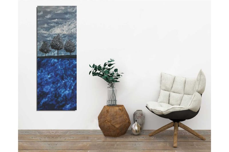 Lærredstryk 30x80 cm - Tre stiliserede træer mod en blå baggrund - Mørkeblå / Lyseblå / Grå - Boligtilbehør - Billeder & kunst - Billeder på lærred