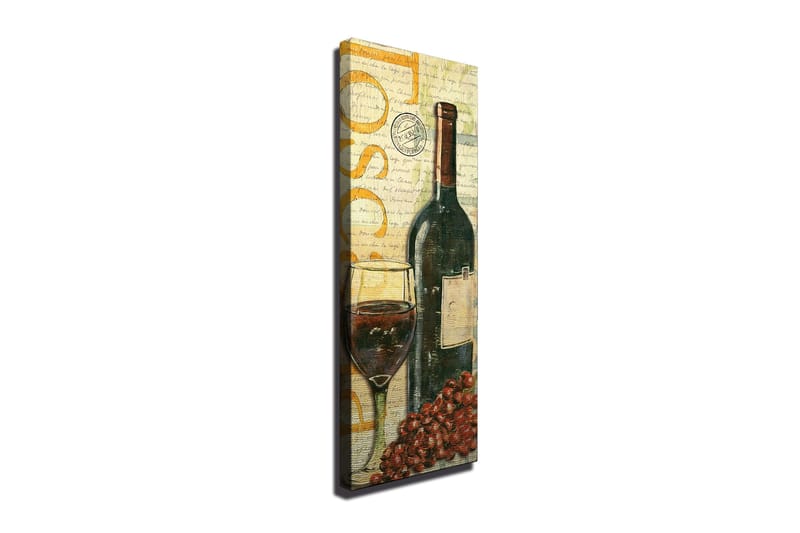 Lærredstryk 30x80 cm - Vinflaske med glas og druer, Mørkegrøn / Rød / Brun