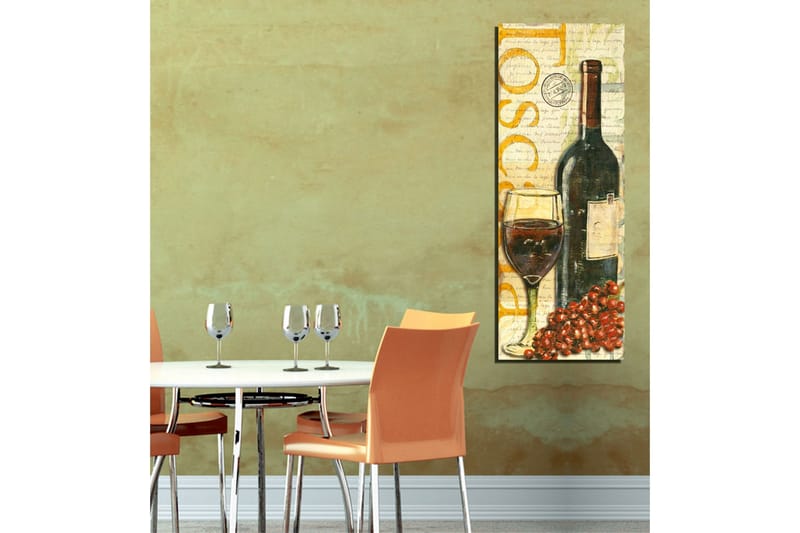 Lærredstryk 30x80 cm - Vinflaske med glas og druer - Mørkegrøn / Rød / Brun - Boligtilbehør - Billeder & kunst - Billeder på lærred