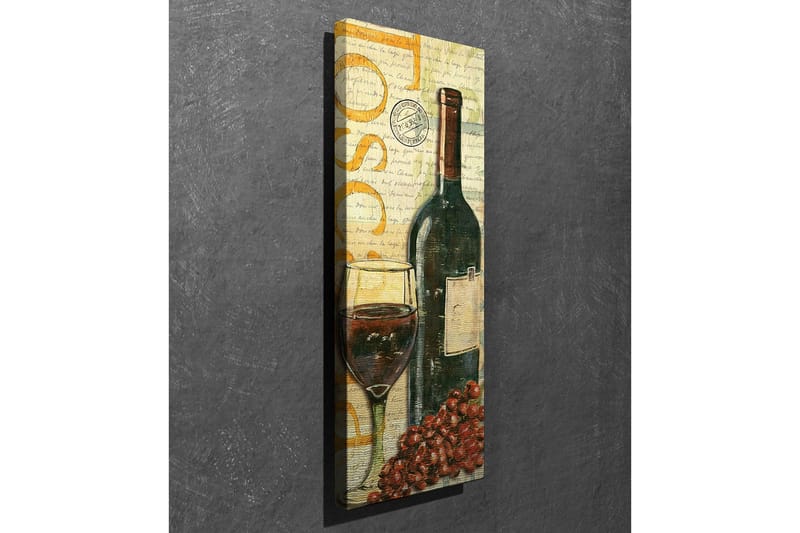 Lærredstryk 30x80 cm - Vinflaske med glas og druer - Mørkegrøn / Rød / Brun - Boligtilbehør - Billeder & kunst - Billeder på lærred
