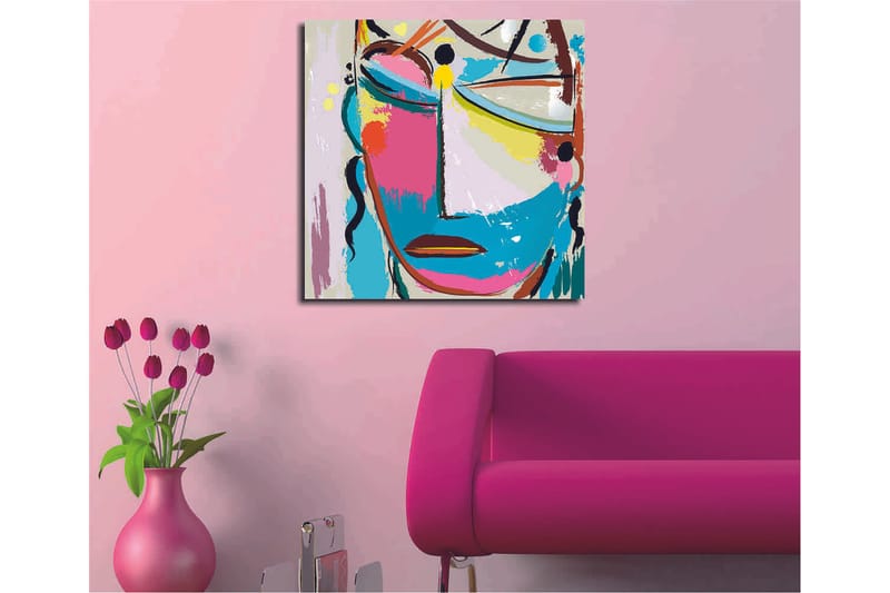 Lærredstryk 45x45 cm - Abstrakt ansigt med farverige elementer - Blå / Lyserød / Gul - Boligtilbehør - Billeder & kunst - Billeder på lærred