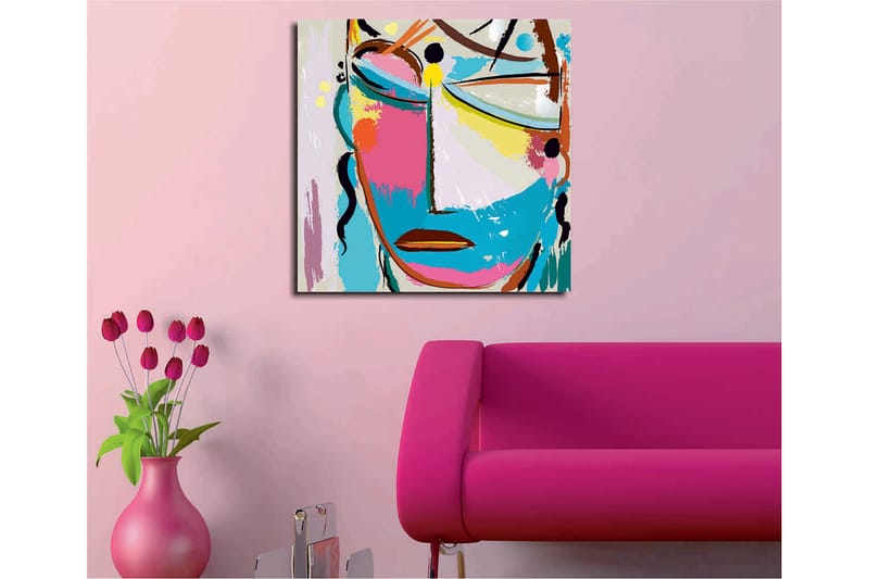 Lærredstryk 45x45 cm - Abstrakt ansigt med farverige elementer - Blå / Lyserød / Gul - Boligtilbehør - Billeder & kunst - Billeder på lærred