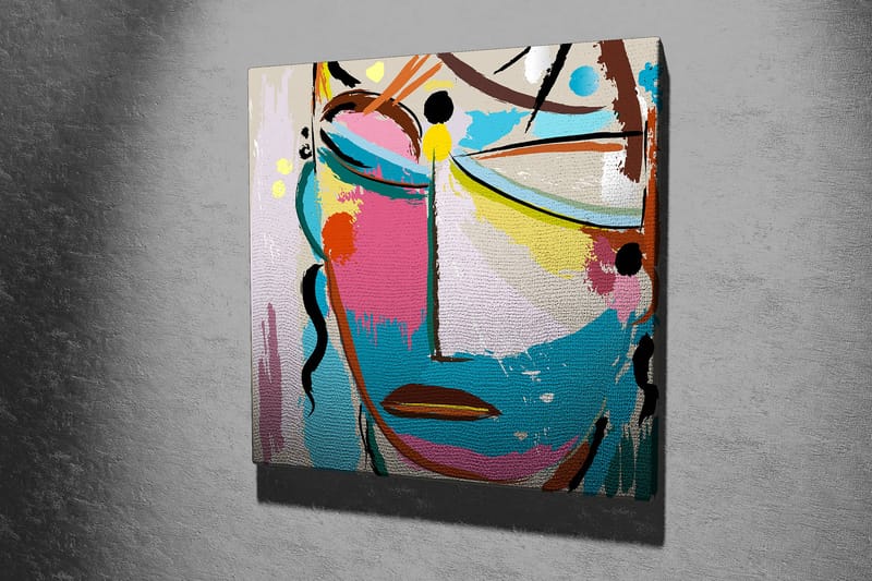 Lærredstryk 45x45 cm - Abstrakt ansigt med farverige elementer - Blå / Lyserød / Gul - Boligtilbehør - Billeder & kunst - Billeder på lærred