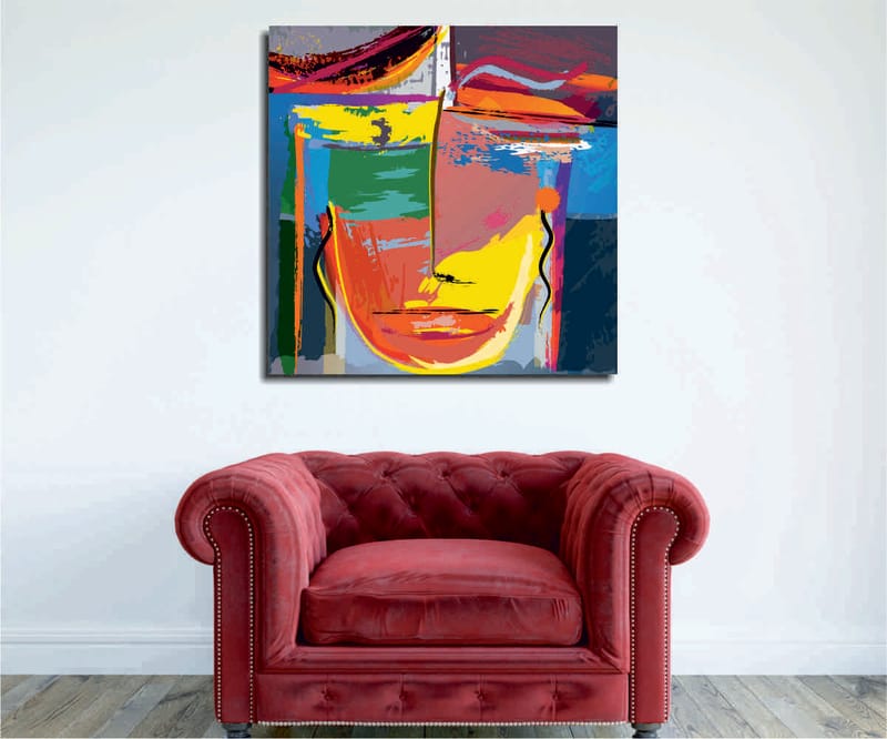 Lærredstryk 45x45 cm - Abstrakt ansigt med stærke farver og geometriske former, Gul / Grøn / Blå