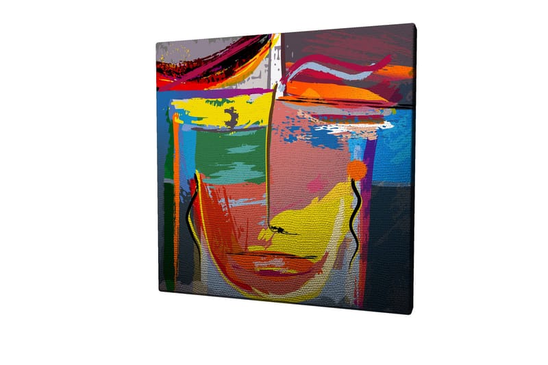 Lærredstryk 45x45 cm - Abstrakt ansigt med stærke farver og geometriske former - Gul / Grøn / Blå - Boligtilbehør - Billeder & kunst - Billeder på lærred