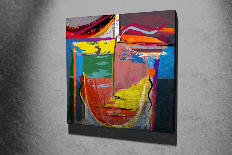 Lærredstryk 45x45 cm - Abstrakt ansigt med stærke farver og geometriske former - Gul / Grøn / Blå - Boligtilbehør - Billeder & kunst - Billeder på lærred