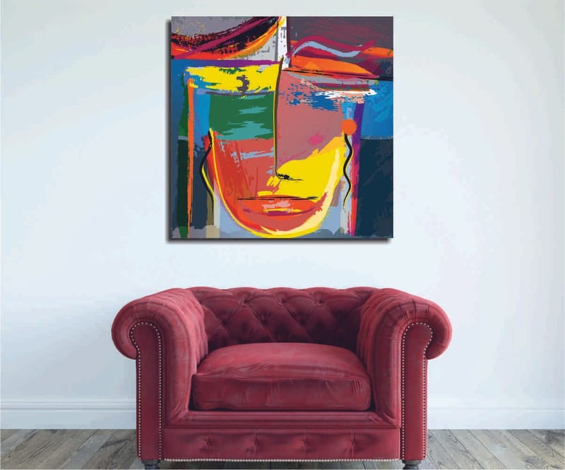 Lærredstryk 45x45 cm - Abstrakt ansigt med stærke farver og geometriske former, Gul / Grøn / Blå