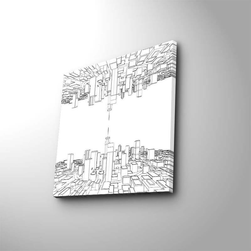 Lærredstryk 45x45 cm - Abstrakt bybillede med geometriske former, Sort / Hvid