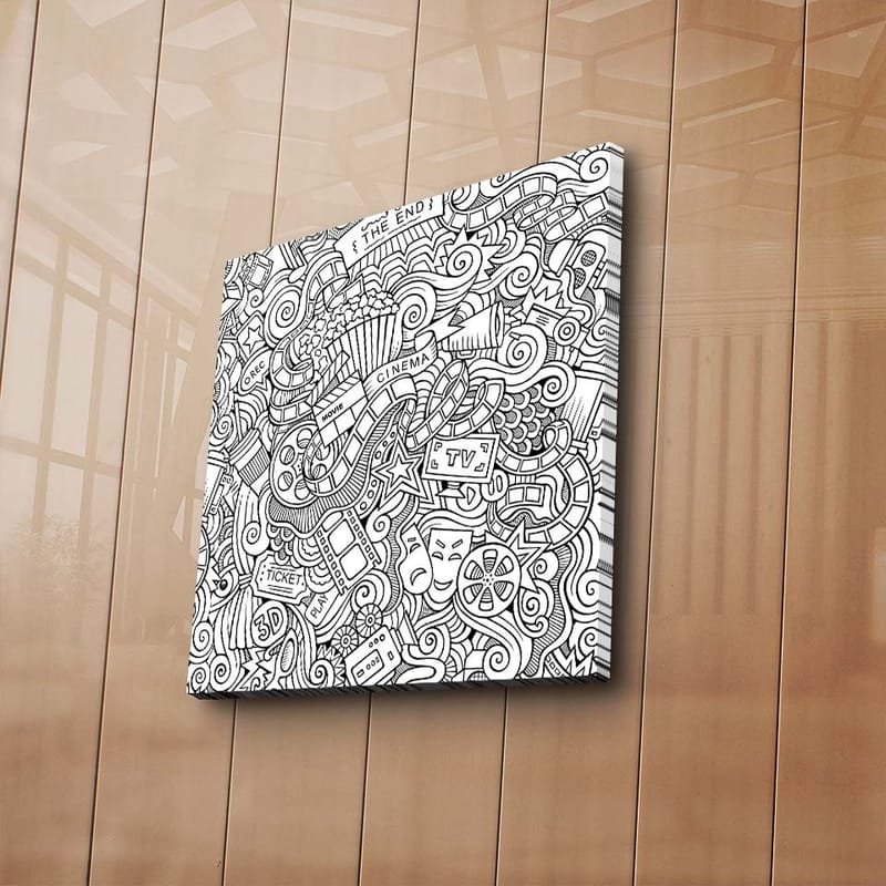 Lærredstryk 45x45 cm - Abstrakt komposition af film- og teaterrelaterede symboler - Sort / Hvid - Boligtilbehør - Billeder & kunst - Billeder på lærred