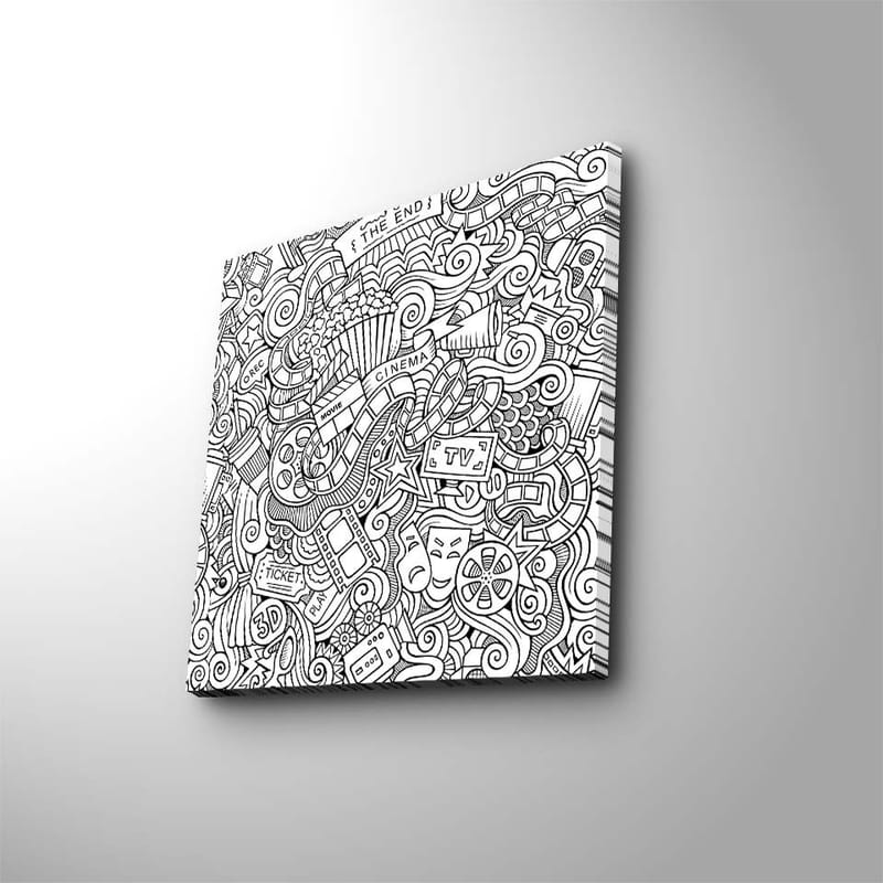 Lærredstryk 45x45 cm - Abstrakt komposition af film- og teaterrelaterede symboler, Sort / Hvid