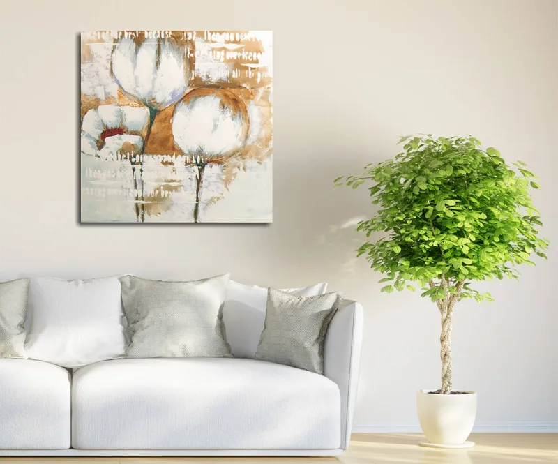 Lærredstryk 45x45 cm - Abstrakt komposition med blomster i lyse toner, Hvid / Beige / Brun