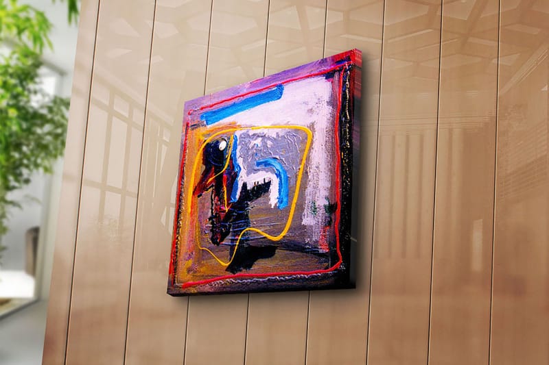 Lærredstryk 45x45 cm - Abstrakt komposition med farverige linjer og former - Blå / Gul / Rød - Boligtilbehør - Billeder & kunst - Billeder på lærred