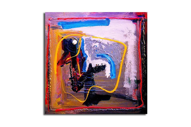 Lærredstryk 45x45 cm - Abstrakt komposition med farverige linjer og former, Blå / Gul / Rød