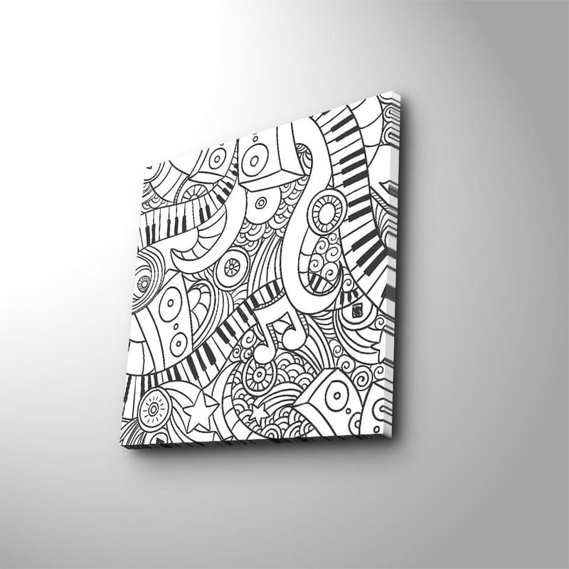 Lærredstryk 45x45 cm - Abstrakt komposition med musikalske elementer og mønstre, Sort / Hvid