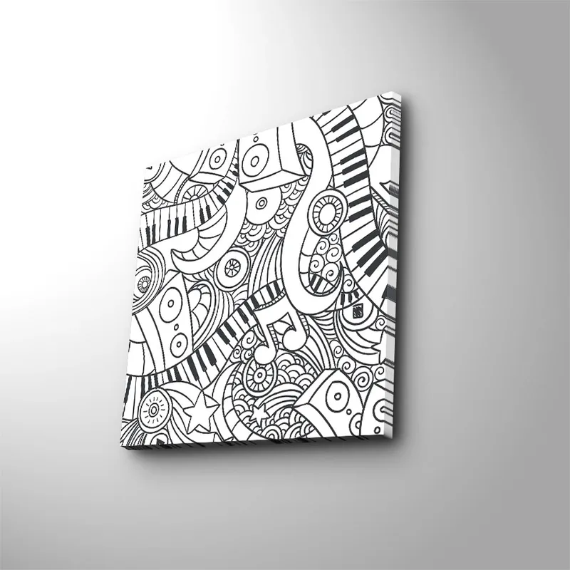 Lærredstryk 45x45 cm - Abstrakt komposition med musikalske elementer og mønstre, Sort / Hvid