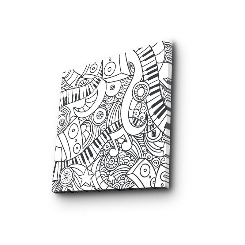 Lærredstryk 45x45 cm - Abstrakt komposition med musikalske elementer og mønstre - Sort / Hvid - Boligtilbehør - Billeder & kunst - Billeder på lærred