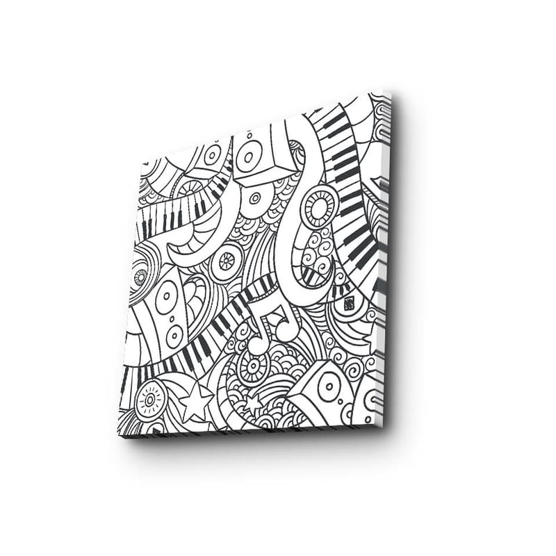 Lærredstryk 45x45 cm - Abstrakt komposition med musikalske elementer og mønstre - Sort / Hvid - Boligtilbehør - Billeder & kunst - Billeder på lærred