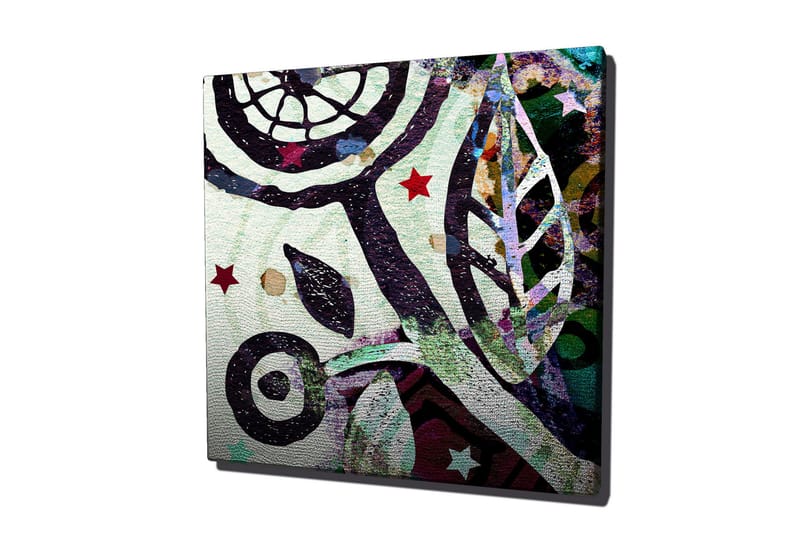 Lærredstryk 45x45 cm - Abstrakt komposition med organiske former og stjerner - Grøn / Sort / Rød - Boligtilbehør - Billeder & kunst - Billeder på lærred