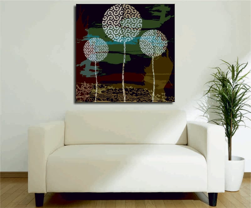 Lærredstryk 45x45 cm - Abstrakt komposition med stiliserede trætoppe - Grøn / Sort / Hvid - Boligtilbehør - Billeder & kunst - Billeder på lærred